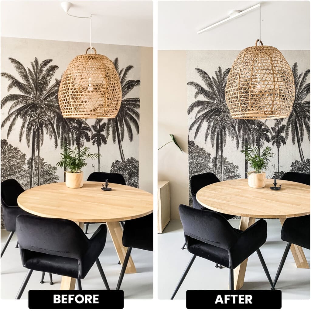 Split photo with a before and after of the dining table with one pendant light above it before and then two pendant lights because of the lightswing after.