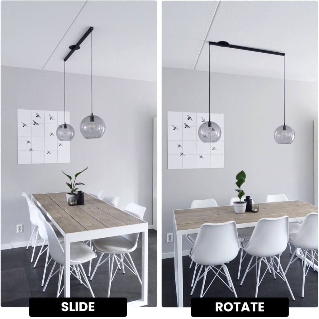 Split photo with a before and after of the dining table with one pendant light above it before and then two pendant lights because of the lightswing after.